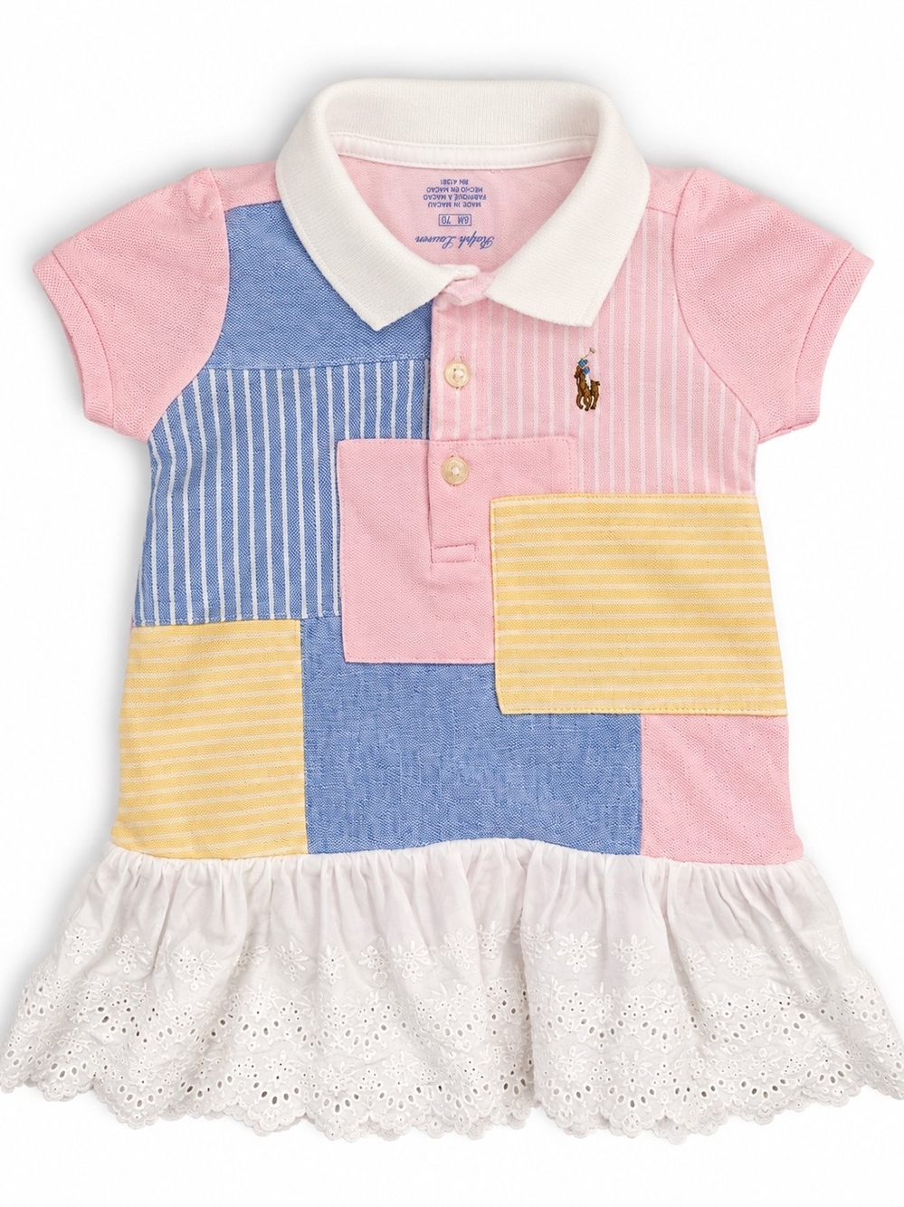 Ralph Lauren Patchwork Polo Dress in Pink, Blue, Yellow & White